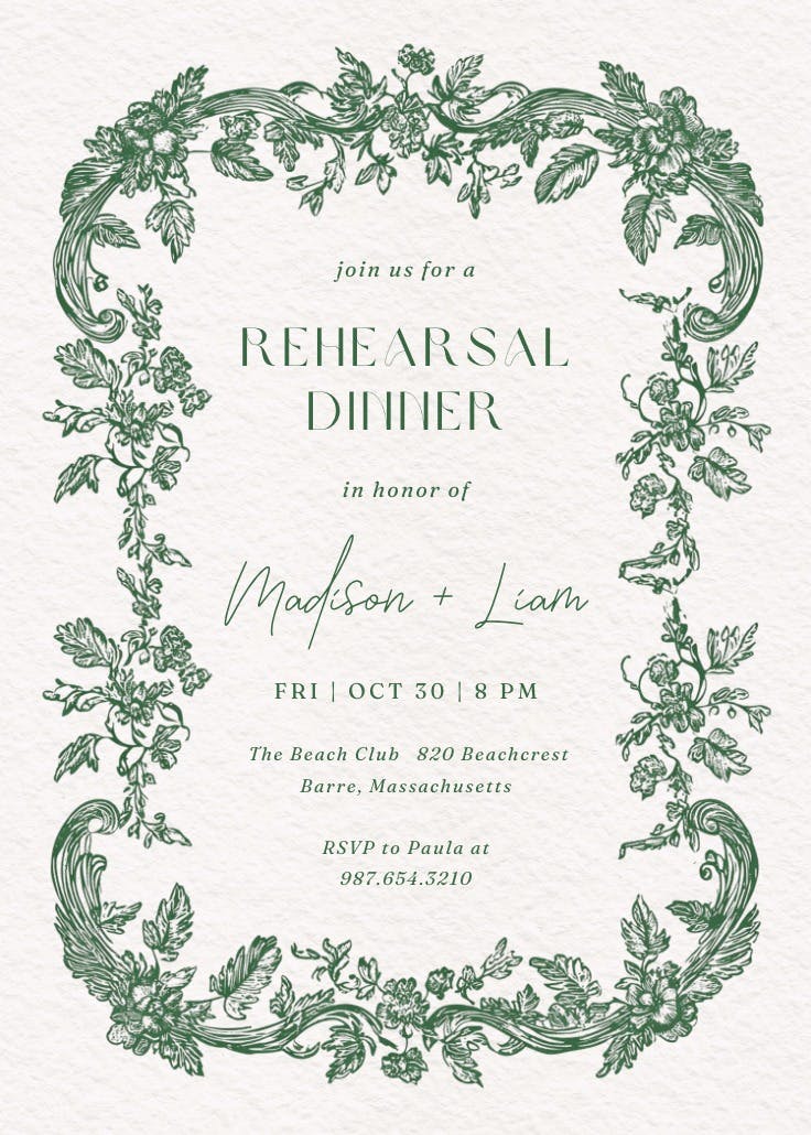 Evergreen faith - rehearsal dinner party invitation