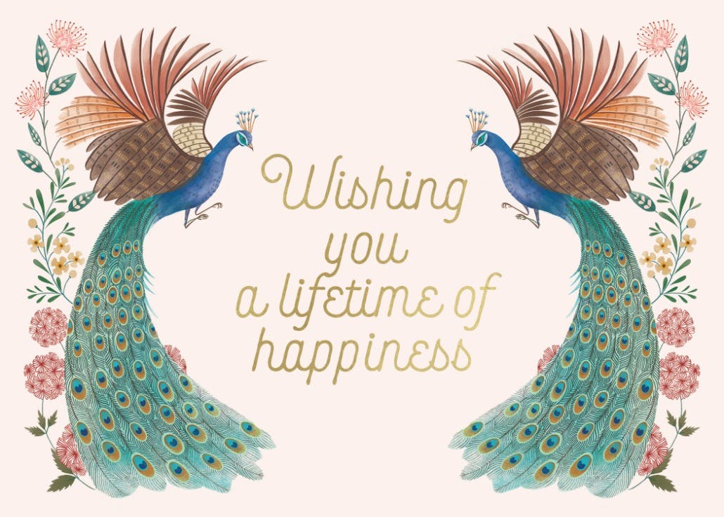 Peacock & flowers - engagement congratulations card