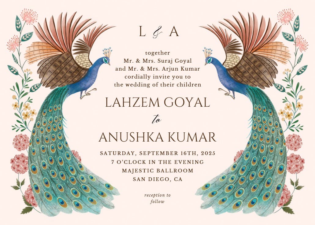 Peacocks & flowers - wedding invitation